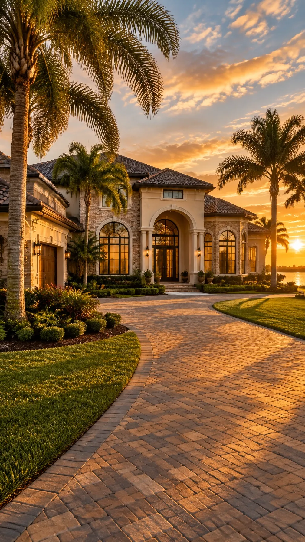Luxury waterfront exterior at golden hour with palm trees